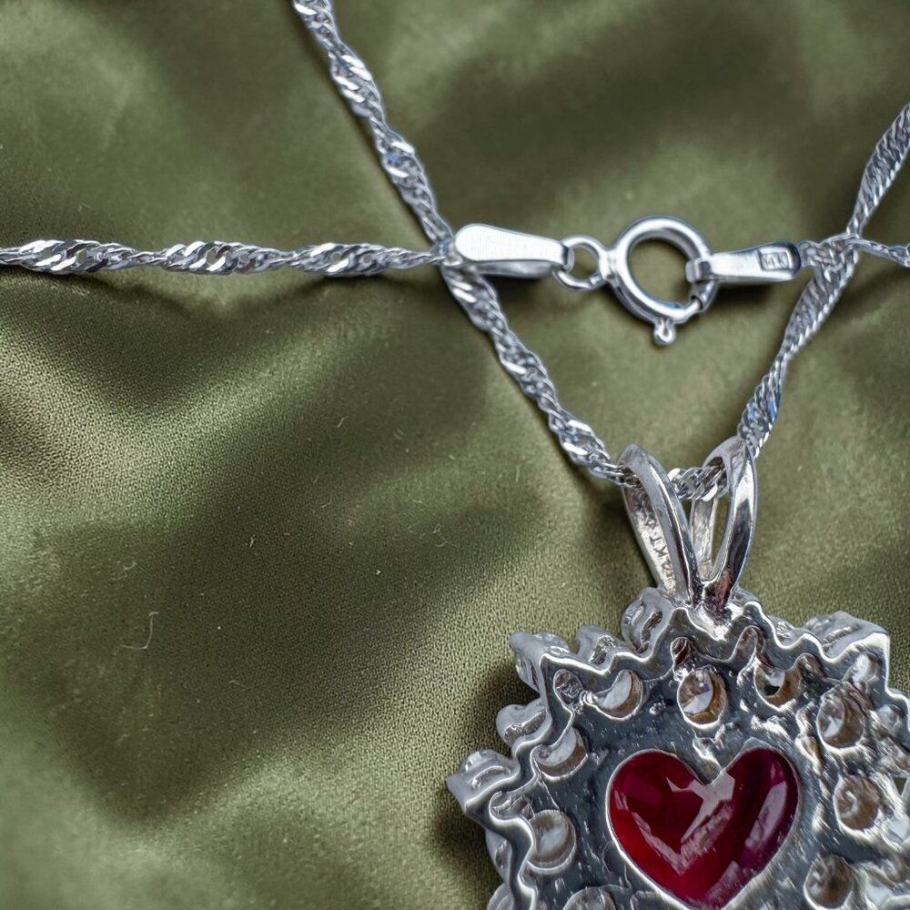 14K White Gold- Natural Ruby & Diamond Necklace -18"- 4.5cttw -Halo Heart -4.9g - Picture 5 of 16
